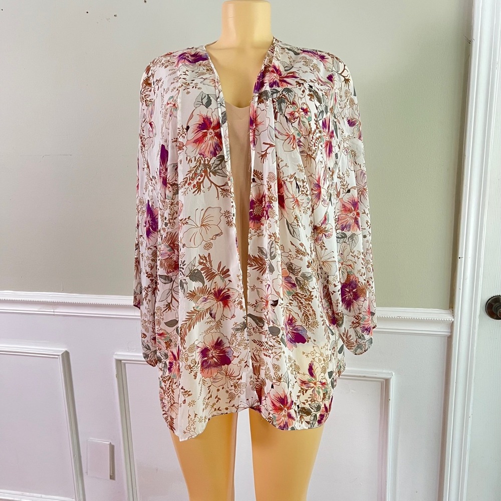Sonoma Kimono Cardigan Womens One Size Floral Open Front White Pink Boho Wrap